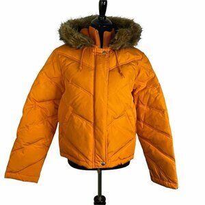 DKNY Womens Orange Long Sleeve‎ Full Zip Fur Trim Hooded Parka Jacket Size Large